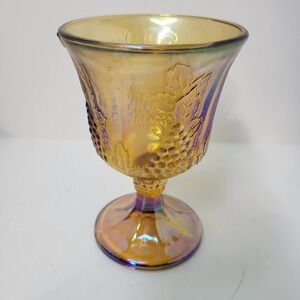 Vintage‎ Carnival Glass Goblet Iridescent Grape Leaf Pattern Footed Wine Glass